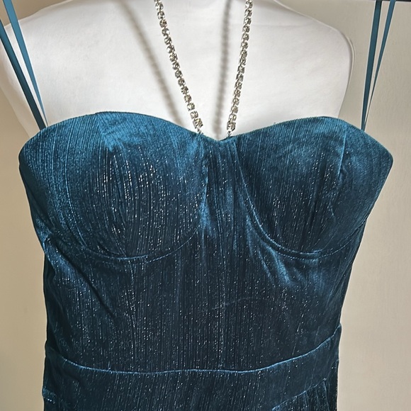 New Main Strip Rhinestone Halter Strapless Sweetheart Neck Teal Velvet Jumpsuit - Picture 15 of 16